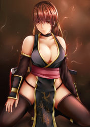 Rule 34 | 1girl, alternate costume, breasts, brown eyes, brown hair, cleavage, dead or alive, kasumi (doa), long hair, nannacy7, ninja, pelvic curtain, sitting, solo, tecmo, thighhighs, wariza, weapon, weapon on back