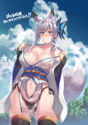 Rule 34 | 1girl, animal ear fluff, animal ears, areola slip, bare shoulders, black panties, black thighhighs, blue eyes, blue sash, blue sky, blush, breasts, butterfly hair ornament, closed mouth, clothing cutout, cloud, cloudy sky, collarbone, commentary request, commission, detached sleeves, earrings, grey hair, hair ornament, highres, jewelry, large breasts, long hair, looking at viewer, mole, mole on breast, navel, navel cutout, original, outdoors, panties, sash, sawaya (mizukazu), sidelocks, skeb commission, sky, solo, standing, tail, thighhighs, translation request, underwear, wet, wide sleeves