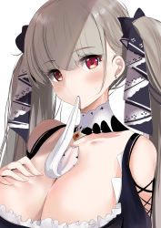 Rule 34 | 1girl, azur lane, bare shoulders, blush, bow, breasts, cleavage, collarbone, commentary request, detached collar, earrings, formidable (azur lane), frills, grey hair, hair bow, hand on own chest, hand up, highres, jewelry, large breasts, long hair, looking at viewer, mouth hold, red eyes, schreibe shura, simple background, solo, twintails, upper body, white background