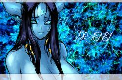 Rule 34 | 1girl, bare shoulders, black hair, blue eyes, blue hair, blue skin, breasts, butcherboy, cleavage, colored skin, draenei, facial mark, female focus, forehead mark, glowing, glowing eyes, horns, long hair, matching hair/eyes, pointy ears, smile, solo, topless, topless frame, warcraft, world of warcraft