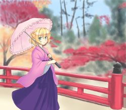 Rule 34 | 1girl, alternate costume, blonde hair, green eyes, isaki (gomi), japanese clothes, kimono, looking at viewer, mizuhashi parsee, parasol, pointy ears, ponytail, short hair, smile, solo, touhou, tree, umbrella, wide sleeves