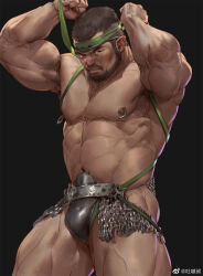 Rule 34 | 1boy, abs, bara, beard, belly, bulge, facial hair, feet out of frame, frown, green headband, headband, highres, large pectorals, looking at viewer, male focus, mature male, metal, muscular, muscular male, mustache, navel, nipple piercing, nipple rings, nipples, original, pectorals, piercing, receding hairline, revealing clothes, short hair, solo, stomach, strongman waist, thick eyebrows, thick thighs, thighs, tooboshoo, topless male, wrinkled skin