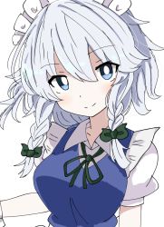 Rule 34 | 1girl, blue eyes, bow, braid, breasts, bright pupils, closed mouth, green bow, hair bow, highres, izayoi sakuya, large breasts, looking at viewer, maid headdress, puffy short sleeves, puffy sleeves, short sleeves, side braids, simple background, smile, solo, theon (te2eo), touhou, twin braids, upper body, white background, white hair, white pupils
