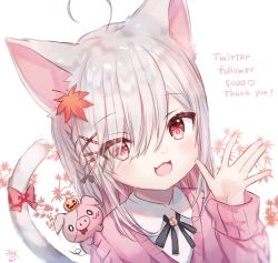 Rule 34 | 1girl, ahoge, animal, animal ears, animal on shoulder, autumn, bad id, bad pixiv id, bell, black ribbon, blush, bow, casual, cat ears, cat girl, cat tail, collared shirt, commentary request, fang, hair between eyes, halloween, hand up, highres, leaf, leaf on head, long hair, long sleeves, looking at viewer, manao-ke, manao misuzu, manao misuzu (artist), milestone celebration, multicolored hair, neck bell, open mouth, pink hair, pink sweater, red bow, red eyes, ribbon, shirt, simple background, skin fang, sleeve cuffs, smile, solo, streaked hair, sweater, tail, tail bow, tail ornament, upper body, v-neck, virtual youtuber, white background, white hair, white shirt