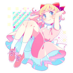 Rule 34 | 1girl, blonde hair, bloomers, blue eyes, blush, bow, collared dress, dress, eyelashes, floating, full body, hair bow, looking at viewer, mother (game), mother 2, nintendo, paula (mother 2), pink dress, pink footwear, red bow, shifumame, short hair, smile, socks, solo, underwear, white bloomers, white socks