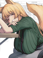 Rule 34 | 1girl, animal ear fluff, animal ears, blonde hair, breasts, commission, fox ears, fox girl, fox tail, green sweater, grin, hanging breasts, huge breasts, long hair, looking at viewer, mi2mi2 minmi, orange eyes, original, ribbed sweater, simple background, skeb commission, smile, solo, suspenders, sweater, tail, turtleneck, turtleneck sweater