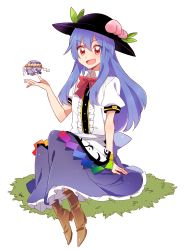 Rule 34 | &gt;:d, 1girl, 6 (yuchae), :d, blue hair, boots, collared shirt, dress, food, food on head, fruit, fruit on head, full body, hat, high heel boots, high heels, highres, hinanawi tenshi, keystone, layered dress, long hair, looking at viewer, object on head, open mouth, peach, red eyes, shirt, sitting, smile, solo, touhou, v-shaped eyebrows, very long hair