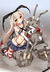 Rule 34 | &gt; &lt;, 10s, 1girl, = =, bare shoulders, black panties, blonde hair, blush, boots, closed eyes, comic, detached sleeves, elbow gloves, from above, girl on top, gloves, grey footwear, highres, kantai collection, lifebuoy, looking at viewer, midriff, miniskirt, navel, open mouth, panties, rensouhou-chan, school uniform, serafuku, shimakaze (kancolle), skirt, solo, striped clothes, striped thighhighs, swim ring, thighhighs, thong, torn clothes, torn thighhighs, underwear, yellow eyes, yume no owari