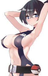 Rule 34 | 1girl, armpits, arms up, belt, black hair, blue eyes, blush, breasts, cleavage, closed mouth, creatures (company), game freak, highres, kamukamu (ars), large breasts, looking at viewer, misty (pokemon), nintendo, poke ball, poke ball (basic), pokemon, pokemon: the electric tale of pikachu, revealing clothes, short hair, side ponytail, simple background, slingshot swimsuit, solo, swimsuit, white background, wide hips