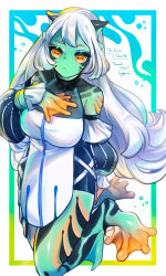 Rule 34 | 1girl, artist name, black skin, body markings, breasts, closed mouth, colored skin, commission, detached sleeves, frog girl, full body, gradient background, green skin, halterneck, hand on own chest, highres, hogara, horizontal pupils, large breasts, long hair, long sleeves, looking at viewer, monster girl, multicolored background, multicolored skin, orange eyes, orange skin, original, pelvic curtain, puffy long sleeves, puffy sleeves, skeb commission, sleeveless, solo, very long hair, webbed feet, webbed hands, white background, white hair