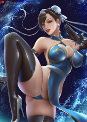 Rule 34 | 1girl, artist name, ass, bare shoulders, black gloves, black thighhighs, bracelet, breasts, bun cover, capcom, chun-li, cleavage, cleavage cutout, clothing cutout, commentary, covered erect nipples, double bun, dress, earrings, elbow gloves, fighting stance, gloves, gold trim, hair bun, heart cutout, high heels, jewelry, leg up, lips, looking at viewer, makeup, medium breasts, panties, parted lips, sade abyss, shiny clothes, short dress, signature, simple background, sleeveless, sleeveless dress, smile, spiked bracelet, spikes, street fighter, street fighter ii (series), thighhighs, thong, underwear