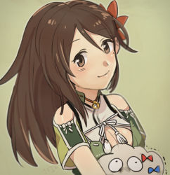 Rule 34 | 10s, 1girl, amagi (kancolle), bare shoulders, brown eyes, brown hair, carrying, cleavage cutout, close-up, clothing cutout, fig (lchijiku), flower, from side, hair between eyes, hair flower, hair ornament, kantai collection, long hair, looking at viewer, miss cloud, mole, mole under eye, ponytail, portrait, short sleeves, smile, solo