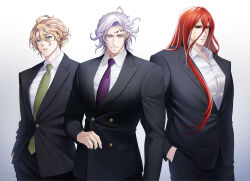Rule 34 | 3boys, absurdres, black sclera, blonde hair, blue eyes, collared jacket, collared shirt, colored sclera, earrings, facial tattoo, forehead tattoo, formal, gradient background, green necktie, hades (shuumatsu no valkyrie), hair between eyes, hand in pocket, highres, jacket, jewelry, leaf tattoo, long hair, looking at viewer, male focus, multiple boys, necktie, parted lips, pointy ears, poseidon (shuumatsu no valkyrie), purple eyes, purple necktie, red hair, shirt, shuumatsu no valkyrie, single earring, smile, suit, tattoo, thor (shuumatsu no valkyrie), user pvsr8733, white hair, white shirt, yellow eyes