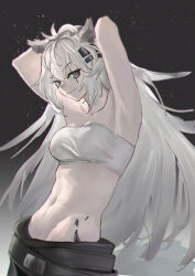 Rule 34 | 1girl, absurdres, amam (64943468), animal ears, arknights, armpits, arms behind head, arms up, bandeau, bare shoulders, black background, breasts, cleavage, collarbone, commentary, gradient background, grey background, grey eyes, hair ornament, hairclip, highres, lappland (arknights), large breasts, long hair, looking at viewer, material growth, midriff, navel, oripathy lesion (arknights), scar, scar across eye, smile, solo, stomach, strapless, tube top, upper body, very long hair, white hair, wolf ears