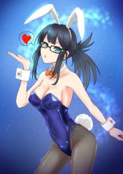 Rule 34 | 1girl, animal ears, black jacket, blowing kiss, blue background, blue eyes, blue leotard, bow, bowtie, breasts, cleavage, coattails, commentary request, covered erect nipples, cowboy shot, detached collar, fishnet pantyhose, fishnets, glasses, granblue fantasy, highleg, highleg leotard, highres, illnott, jacket, leotard, long hair, medium breasts, orange bow, orange bowtie, pantyhose, playboy bunny, ponytail, rabbit ears, rabbit tail, side-tie leotard, solo, strapless, strapless leotard, tail, wangxiang qingnian, wrist cuffs