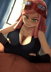 Rule 34 | 1boy, 1girl, :d, bare shoulders, black gloves, blush, boku no hero academia, breasts, collarbone, commentary request, fingerless gloves, gloves, goggles, goggles on head, green eyes, hatsume mei, hetero, highres, large breasts, leg hair, looking at viewer, male pubic hair, medium hair, motion lines, nebitora, open mouth, paizuri, paizuri under clothes, penis, pink hair, pubic hair, smile, tank top, teeth, upper teeth only, window, yellow eyes