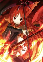 Rule 34 | 1girl, animal ears, bare shoulders, black thighhighs, character request, cropped, female focus, fire, fire, fur, highres, long hair, navel, red eyes, red hair, red theme, scythe, shiratama dango, solo, sword, thigh gap, thighhighs, thighs, very long hair, weapon