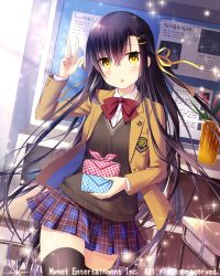 Rule 34 | 1girl, black hair, black thighhighs, blush, bow, chestnut mouth, classroom, desk, falkyrie no monshou, hair ornament, hair ribbon, hairclip, long hair, looking at viewer, natsumekinoko, official art, open mouth, plaid, plaid skirt, red bow, ribbon, school, skirt, solo, sparkle, star (symbol), star hair ornament, sweater vest, thighhighs, v, yellow eyes, yellow ribbon