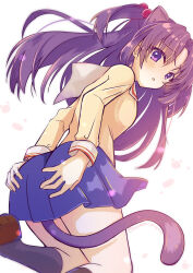 Rule 34 | 1girl, animal ears, ass grab, black socks, blue skirt, blush, brown footwear, canaca chiyuri, cat ears, cat girl, cat tail, clannad, extra ears, eyelashes, eyes visible through hair, falling petals, feet out of frame, from behind, grabbing own ass, hair bobbles, hair ornament, hair spread out, hands on own ass, ichinose kotomi, jacket, kemonomimi mode, kneeling, long hair, long sleeves, looking back, looking down, miniskirt, open mouth, parted bangs, petals, pleated skirt, purple eyes, purple hair, purple tail, sailor collar, simple background, skirt, socks, solo, tail, twitter username, two side up, white background, white sailor collar, yellow jacket