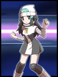 Rule 34 | 1girl, absurdres, arrow (symbol), beanie, black hair, boots, clenched hands, creatures (company), dawn (pokemon), dialogue box, dress, eyelashes, game freak, grey eyes, grey footwear, hair ornament, hairclip, hands up, hat, highres, logo, long hair, nintendo, over-kneehighs, poke ball symbol, pokemon, pokemon dppt, shabana may, short dress, sidelocks, solo, team galactic, team galactic uniform, thighhighs, trainer wants to battle, w arms, white hat