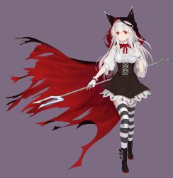 Rule 34 | 1girl, absurdres, animal hat, azur lane, black footwear, black hat, black skirt, blush, boots, breasts, cape, center frills, commentary request, erebus (azur lane), frills, gloves, hand on own chest, hat, highres, holding, long hair, medium breasts, parted lips, pleated skirt, polearm, purple background, red cape, red eyes, shirt, short sleeves, silver hair, simple background, skirt, solo, standing, striped clothes, striped thighhighs, thighhighs, torn cape, torn clothes, torn hat, trident, very long hair, weapon, white gloves, white shirt, xxiner