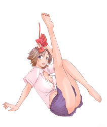 Rule 34 | 1girl, :d, ass, bare legs, barefoot, blue eyes, blue skirt, bow, breasts, brown hair, cleavage, artistic error, feet, from side, full body, gradient hair, grey hair, hair ornament, hairclip, holding, ichinose koyomi, knee up, large breasts, leaning back, leg up, legs, long legs, looking at viewer, midriff, miniskirt, multicolored hair, navel, open clothes, open mouth, open shirt, outstretched arm, pleated skirt, purple eyes, shirt, short hair, short sleeves, simple background, sitting, skirt, smile, soles, solo, tadashii kodomo no tsukuri kata!, toe scrunch, toes, toto. (nahanahasai), white background, wing collar