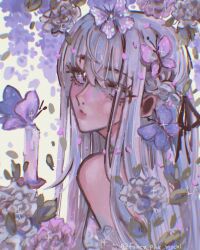 Rule 34 | 1girl, artist request, bare shoulders, birthday, black ribbon, blue flower, braid, bug, butterfly, butterfly on hair, candle, chromatic aberration, closed mouth, danganronpa: trigger happy havoc, danganronpa (series), flower, hair ribbon, highres, insect, instagram username, kirigiri kyoko, long hair, looking at viewer, looking back, petals, portrait, purple butterfly, purple eyes, purple flower, purple hair, ribbon, solo