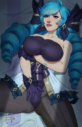 Rule 34 | 1girl, ahoge, arm under breasts, artist name, bare arms, bare shoulders, black bow, black gloves, black leotard, blanket, bow, breasts, brown pantyhose, closed mouth, dress, drill hair, freckles, gloves, green hair, gwen (league of legends), hair bow, highres, large breasts, league of legends, leotard, long hair, lying, on back, pantyhose, smile, solo, spread legs, striped clothes, striped pantyhose, twin drills, twintails, xinaelle