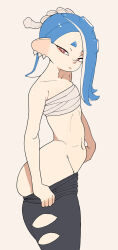 Rule 34 | 1girl, ass, blue hair, breasts, cephalopod eyes, chest sarashi, clothes pull, earrings, hachimaki, headband, highres, jewelry, looking at viewer, multiple earrings, navel, nejiri hachimaki, nintendo, octoling, pants, pants pull, sarashi, shiver (splatoon), short eyebrows, small breasts, splatoon (series), splatoon 3, standing, suction cups, tentacle hair, tooth earrings, white background, yuta agc