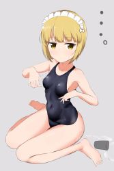 Rule 34 | ..., 10s, 1girl, barefoot, black one-piece swimsuit, blonde hair, breasts, closed mouth, commentary request, covered navel, cup, cutlass (girls und panzer), full body, girls und panzer, highres, kirikan (cokekiri), light frown, looking at viewer, maid headdress, one-piece swimsuit, short hair, sitting, small breasts, solo, spill, sweatdrop, swimsuit, wariza, water, wet, wet clothes, wet swimsuit, yellow eyes