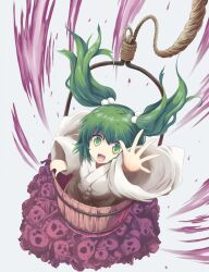 Rule 34 | 1girl, bucket, green eyes, green hair, hair bobbles, hair ornament, highres, in bucket, in container, kisume, official art, open mouth, reaching, reaching towards viewer, rope, short hair, skull, smile, solo, strange creators of outer world, suichuu hanabi, touhou, twintails, wooden bucket