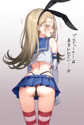 1girl absurdres ass back black_hairband black_panties blonde_hair blue_sailor_collar blue_skirt blush cameltoe cosplay crop_top elbow_gloves from_behind gakuen_idolmaster gloves hair_ornament hairband hairclip highleg highleg_panties highres horizontal-striped_thighhighs idolmaster kantai_collection long_hair looking_at_viewer looking_back microskirt open_mouth orange_eyes panties sailor_collar shimakaze_(kancolle) shimakaze_(kancolle)_(cosplay) shinosawa_hiro shubashuba simple_background skirt smile solo striped_clothes striped_thighhighs thighhighs thong translation_request underwear white_gloves