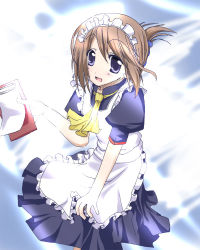 Rule 34 | 00s, 1girl, :d, apron, ascot, blue eyes, blush, brown hair, folded ponytail, frills, holding, komaki manaka, looking at viewer, maid, maid apron, maid headdress, open mouth, puffy short sleeves, puffy sleeves, short sleeves, simple background, smile, solo, to heart (series), to heart 2