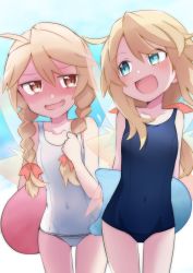 Rule 34 | 2girls, alternate hairstyle, bare arms, bare legs, bare shoulders, black one-piece swimsuit, blonde hair, blue eyes, blue one-piece swimsuit, braid, brown eyes, collarbone, cowboy shot, dual persona, fairy, fairy wings, hair between eyes, highres, lily black, lily white, long hair, multiple girls, one-piece swimsuit, open mouth, school swimsuit, smile, swimsuit, touhou, twin braids, white one-piece swimsuit, wings, yutamaro