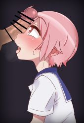 Rule 34 | 1boy, 1girl, absurdres, ahoge, bar censor, black background, blush, breath, censored, chiden, clothed sex, facejob, foreheadjob, from side, gradient background, highres, looking up, nonohara yuzuko, open mouth, penis, penis on face, pink eyes, pink hair, school uniform, serafuku, shiny skin, shirt, short hair, short sleeves, simple background, smile, tongue, tongue out, white shirt, yuyushiki