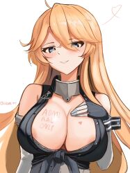 Rule 34 | 1girl, areola slip, blonde hair, blue eyes, body writing, breasts, cleavage, collar, dawn 1945, elbow gloves, gloves, hair between eyes, iowa (kancolle), kantai collection, large breasts, long hair, looking at viewer, metal collar, smile, solo, star-shaped pupils, star (symbol), symbol-shaped pupils, upper body, very long hair, white background
