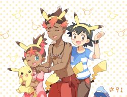 Rule 34 | 1girl, 2boys, :3, abs, animal ears, aqua eyes, arm up, ash ketchum, bad id, bad pixiv id, black hair, blue footwear, blue shirt, blush, blush stickers, brother and sister, brown eyes, brown hair, brown shorts, child, closed eyes, collarbone, creatures (company), dark-skinned male, dark skin, dress, episode number, fake animal ears, fake tail, flat chest, game freak, gen 1 pokemon, hairband, hand on another&#039;s shoulder, hand up, hands on another&#039;s shoulders, happy, holding, holding pokemon, jewelry, kiawe (pokemon), leg up, looking at viewer, looking to the side, mei (maysroom), mimo (pokemon), multicolored hair, multiple boys, navel, necklace, nintendo, one eye closed, open mouth, orange background, pikachu, pikachu ears, pikachu tail, pink dress, pokemon, pokemon (anime), pokemon (creature), pokemon ears, pokemon sm (anime), pokemon tail, polka dot, polka dot background, red hair, red shorts, shirt, shoes, short hair, short sleeves, shorts, siblings, simple background, smile, standing, standing on one leg, striped clothes, striped shirt, tail, topless male, trial captain, two-tone hair, wink, yellow hairband