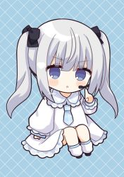 Rule 34 | 1girl, :o, black bow, black footwear, blue background, blue eyes, blush stickers, bow, chibi, collared dress, commentary request, dress, full body, grey hair, hair between eyes, hair bow, hand up, headset, highres, index finger raised, knees up, long hair, long sleeves, loose socks, nakkar, original, parted lips, puffy long sleeves, puffy sleeves, shoes, sitting, sleeves past wrists, socks, solo, twintails, white dress, white socks