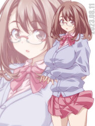 Rule 34 | 1girl, :o, bow, bowtie, brown eyes, brown hair, cardigan, commentary, cowboy shot, dated, dress shirt, glasses, grey cardigan, highres, kikuchi tsutomu, long sleeves, looking at viewer, medium hair, miniskirt, open mouth, original, pink bow, pink bowtie, pink skirt, pleated skirt, rimless eyewear, school uniform, shirt, simple background, skirt, solo, standing, white background, white shirt, wing collar, zoom layer