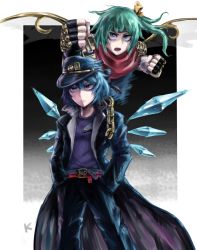 Rule 34 | &gt;:(, 2girls, belt, blue eyes, blue hair, chain, cirno, clenched hands, closed mouth, coat, cosplay, cowboy shot, daiyousei, fairy wings, fingerless gloves, frown, gakuran, gloves, green hair, hands in pockets, hands up, hat, high collar, ice, ice wings, jojo no kimyou na bouken, kuujou joutarou, kuujou joutarou (cosplay), long coat, long hair, long sleeves, looking at viewer, looking to the side, max-k, multiple girls, open clothes, open coat, open mouth, pants, scarf, school uniform, shirt, short hair, side ponytail, stand (jojo), standing, star platinum, star platinum (cosplay), touhou, v-shaped eyebrows, wings