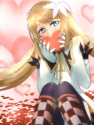 Rule 34 | blue eyes, boots, flower, gloves, hair flower, hair ornament, heart, holding, holding heart, long hair, marta lualdi, petals, petals on ground, ribbon, skirt, tagme, tales of (series), tales of symphonia, tales of symphonia: dawn of the new world, very long hair, white gloves, yellow ribbon