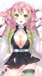 Rule 34 | 1girl, bad id, bad pixiv id, belt, blush, braid, breasts, cleavage, commentary request, gradient hair, green eyes, green hair, haori, highres, japanese clothes, kanroji mitsuri, kimetsu no yaiba, large breasts, long hair, long sleeves, looking at viewer, mole, mole under eye, multicolored hair, open clothes, open mouth, pink hair, skirt, smile, solo, thighhighs, urim (paintur)