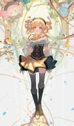 Rule 34 | 1girl, black gloves, blonde hair, boots, breasts, brown hat, brown thighhighs, candy, charlotte (madoka magica), ciloranko, commentary, corset, detached sleeves, drill hair, fingerless gloves, food, full body, gloves, hat, highres, large breasts, long hair, looking up, mahou shoujo madoka magica, mahou shoujo madoka magica (anime), pill, puffy short sleeves, puffy sleeves, shirt, short sleeves, skirt, solo, striped clothes, striped thighhighs, thighhighs, tomoe mami, twin drills, vertical-striped clothes, vertical-striped thighhighs, white shirt, yellow eyes, yellow footwear, yellow skirt