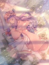 Rule 34 | 1girl, :o, bed sheet, blue bow, blue ribbon, book, bow, capelet, cattleya (a yel ttac), commentary request, crescent, crescent hat ornament, dress, frilled capelet, frills, full body, hat, hat ornament, hat ribbon, head on pillow, highres, long hair, long sleeves, lying, on side, one eye closed, open book, open mouth, paper, patchouli day, patchouli knowledge, pillow, pink capelet, pink hat, pink robe, purple dress, purple eyes, purple hair, reading, red bow, ribbon, ribbon-trimmed headwear, ribbon trim, robe, sidelocks, socks, solo, striped clothes, striped dress, touhou, white socks, wide sleeves