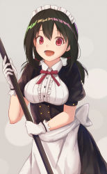 Rule 34 | 1girl, apron, black dress, black hair, breasts, broom, buttons, collared shirt, dress, framed breasts, gloves, grey background, hair between eyes, hair tie, highres, holding, holding broom, itachi kanade, long hair, looking at viewer, low twintails, maid, maid apron, maid headdress, medium breasts, open mouth, original, puffy short sleeves, puffy sleeves, red eyes, red ribbon, ribbon, shirt, short sleeves, simple background, smile, solo, standing, twintails, white apron, white gloves, white shirt