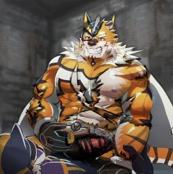 Rule 34 | 2boys, abs, animal ears, bara, bare pectorals, bodysuit, breath, bulge, bulge to ass, covered abs, erection, erection under clothes, facial hair, furry, furry male, furry with furry, goatee, grin, highres, imminent anal, imminent penetration, large pectorals, live a hero, male focus, mask, multiple boys, muscular, muscular male, neumo, orange bodysuit, paid reward available, pants, pectorals, ryekie (live a hero), short hair, sitting, sitting on person, smile, solo focus, tiger boy, tiger ears, torn bodysuit, torn clothes, torn pants, yaoi