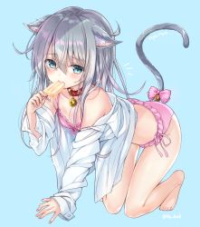 Rule 34 | 1girl, all fours, animal ears, bad id, bad pixiv id, bare legs, bare shoulders, barefoot, bell, belt collar, blue background, blue eyes, blush, bra, breasts, cat day, cat ears, cat tail, collar, collarbone, commentary request, dripping, eating, food, frilled panties, frills, full body, grey hair, hair between eyes, hand up, hibiki (kancolle), highres, holding, jingle bell, kantai collection, kemonomimi mode, lace, lace-trimmed bra, lace trim, lingerie, long sleeves, notice lines, off shoulder, open clothes, open shirt, panties, pink bra, pink panties, pink ribbon, popsicle, ribbon, sakura honoka (srhk0623), shirt, side-tie panties, sidelocks, simple background, small breasts, solo, striped ribbon, tail, tail ornament, tail ribbon, thighs, twitter username, underwear, white shirt