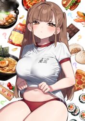 Rule 34 | 1girl, ?, absurdres, blush, breasts, brown eyes, brown hair, burger, buruma, cake, candy, chips (food), chocolate, chocolate bar, closed mouth, clothes lift, commentary request, food, fruit, gym shirt, gym uniform, highres, kodama (sakura yuki), large breasts, lifting own clothes, long hair, looking at viewer, navel, noodles, original, pizza, pizza slice, plump, ramen, red buruma, revision, sakura yuki (clochette), shirt, shirt lift, short sleeves, sitting, solo, strawberry, thighs, white background, white shirt