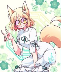Rule 34 | 1girl, animal ear fluff, animal ears, blonde hair, blush, breasts, commentary, cropped legs, english commentary, floral background, fox ears, fox shadow puppet, fox tail, green background, green ribbon, hair between eyes, highres, jumpsuit, kudamaki tsukasa, littlecloudie, looking to the side, medium breasts, octagon, ribbon, slit pupils, smile, solo, squatting, tail, touhou, white jumpsuit, white sleeves, yellow eyes