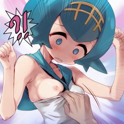 Rule 34 | !?, 1boy, 1girl, @ @, armpits, arms up, assisted exposure, bad id, bad twitter id, blue eyes, blue hair, blush, breasts, clothes pull, clothing aside, collarbone, creatures (company), ero kaeru, game freak, hairband, hetero, lana (pokemon), nintendo, nipples, one-piece swimsuit, one breast out, pokemon, pokemon sm, shirt, shirt pull, short hair, sleeveless, sleeveless shirt, small breasts, surprised, swimsuit, swimsuit aside, swimsuit under clothes, thought bubble, trial captain, upper body